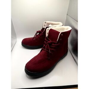 E03 Boots Womens 44 Eu Snow Boot Burgundy Suede Faux Fur Ankle Round Toe Winter